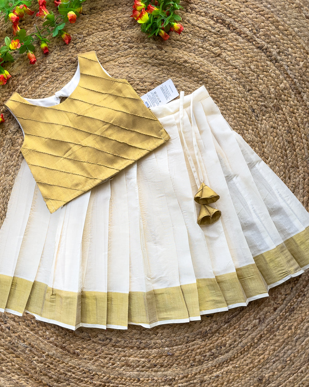 Cream gold Kerala tissue lehenga choli full view – Stanwells Kids