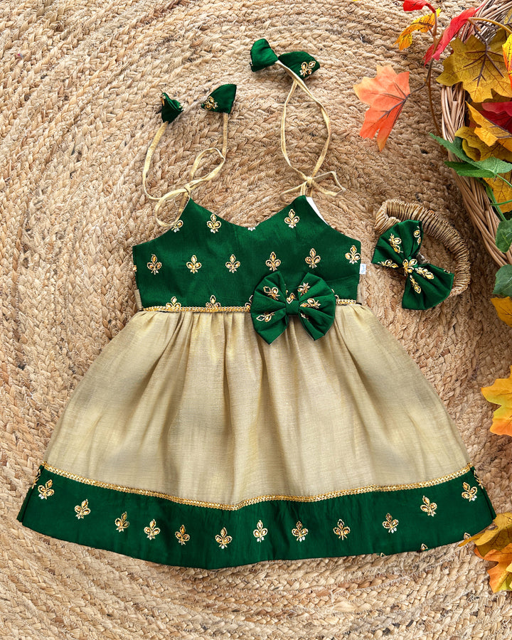 Baby girls birthday dress – bottle green cotton Kettuduppu frock with copper gold detailing
