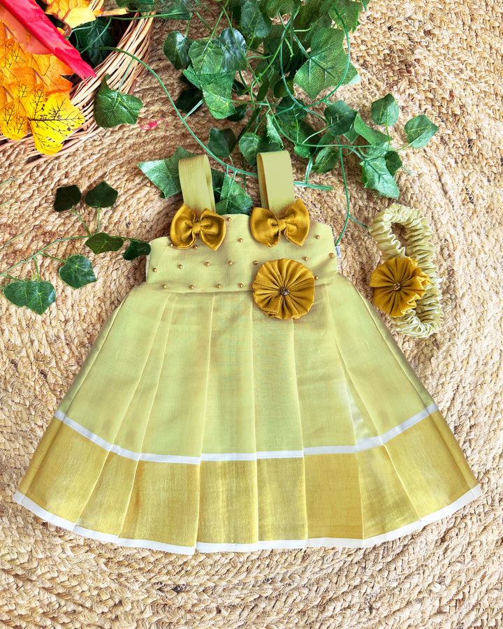Baby girls birthday dress – lime gold Kerala handloom tissue frock for festive wear

