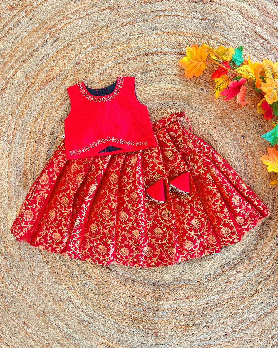 Baby girls red Banarasi jacquard handwork lehenga choli birthday dress