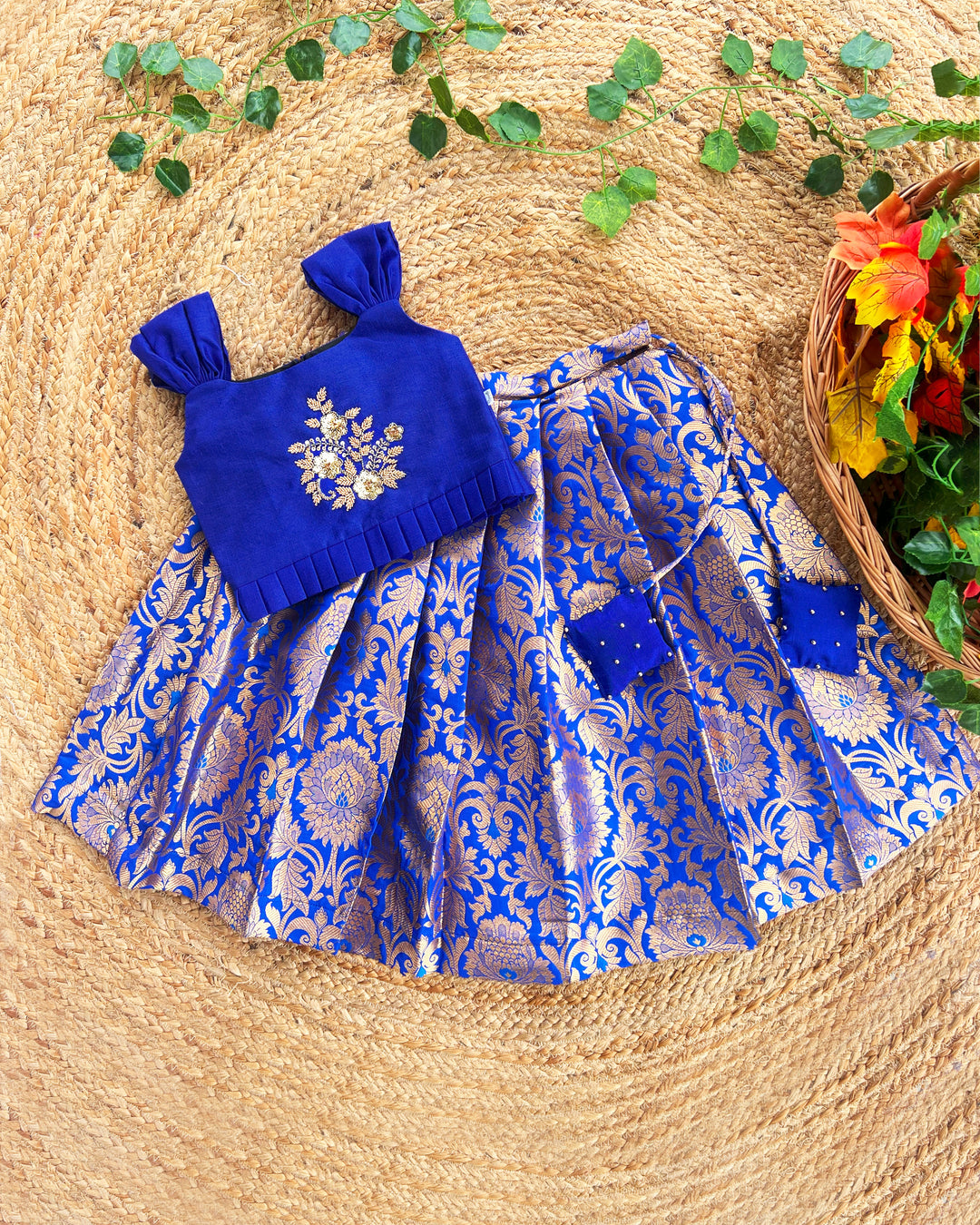 Baby girls royal blue silk Banarasi handwork lehenga choli birthday dress