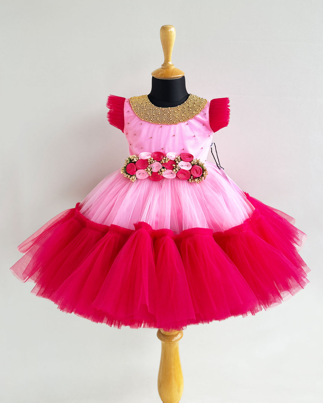 Baby Pink Rany Pink Handwork Frock, Baby Girls Birthday Dress, Designer Partywear Frock, Flower Dress for Baby Girl