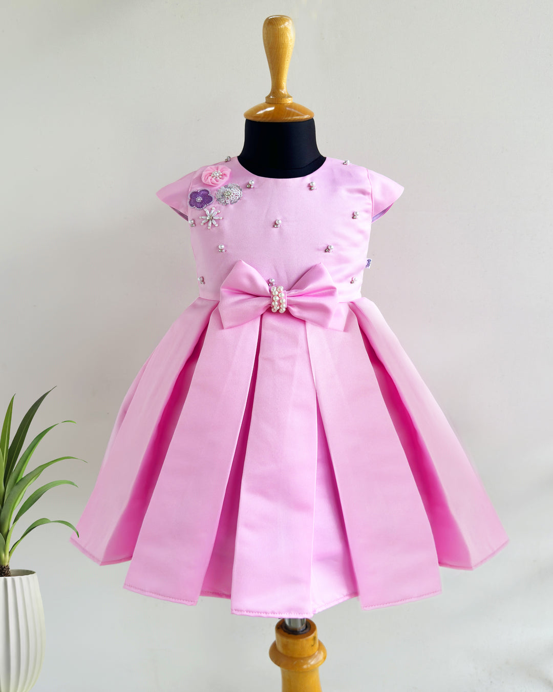 Baby pink silky satin baby girl birthday dress, western style frock, box pleated party wear, kids birthday dress for girls