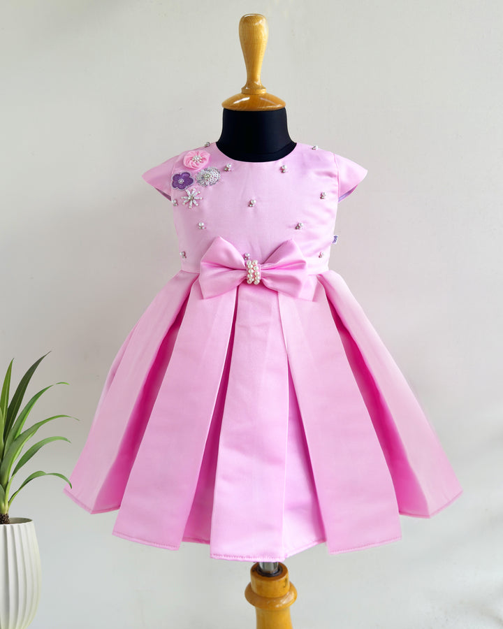 Baby pink silky satin baby girl birthday dress, western style frock, box pleated party wear, kids birthday dress for girls