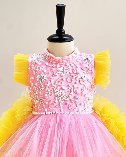 Baby pink yellow halter neck ruffled frock front view – Stanwells Kids