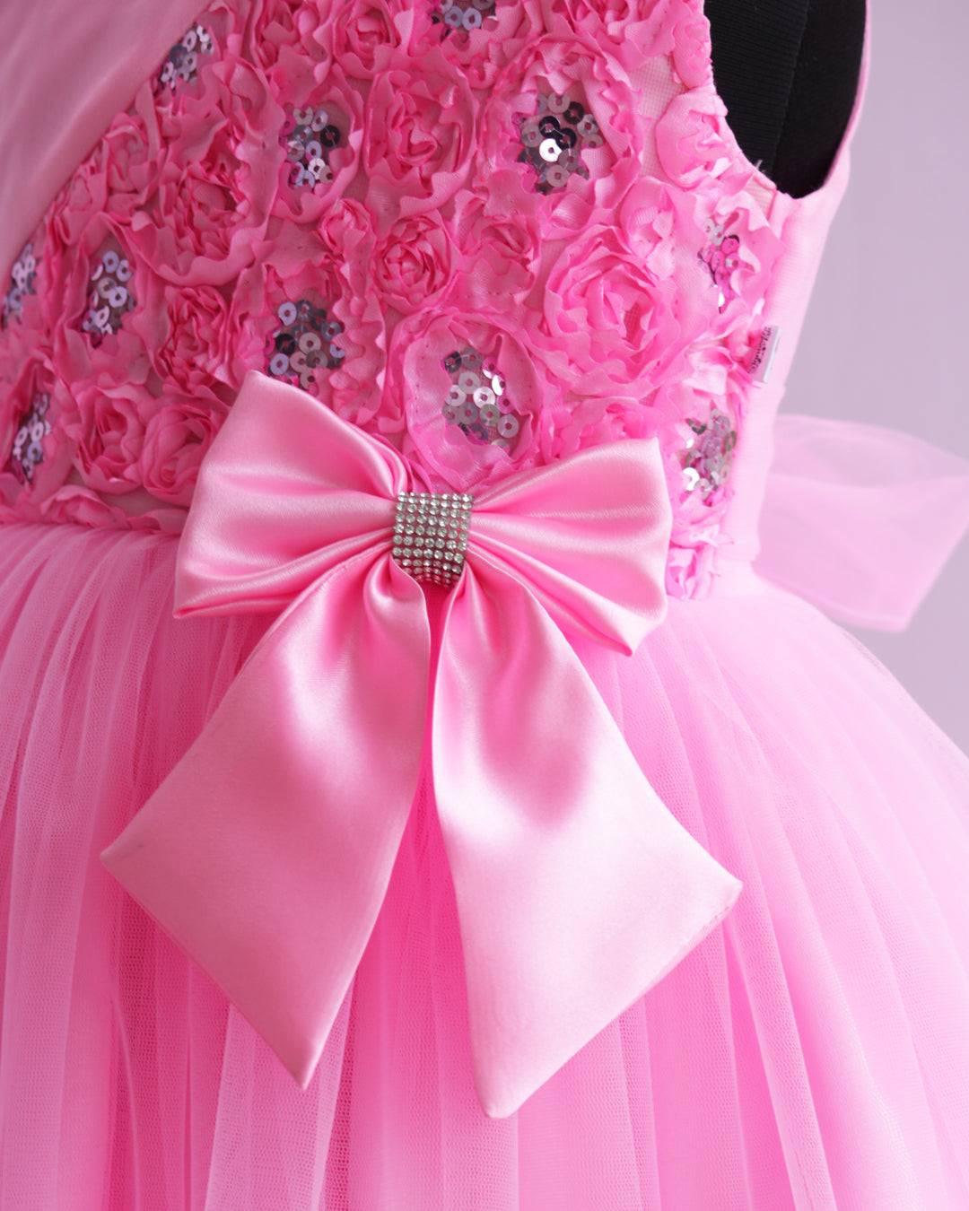 Baby Pink Shade Flower Emboss Ruffles Partywear Bow Frock