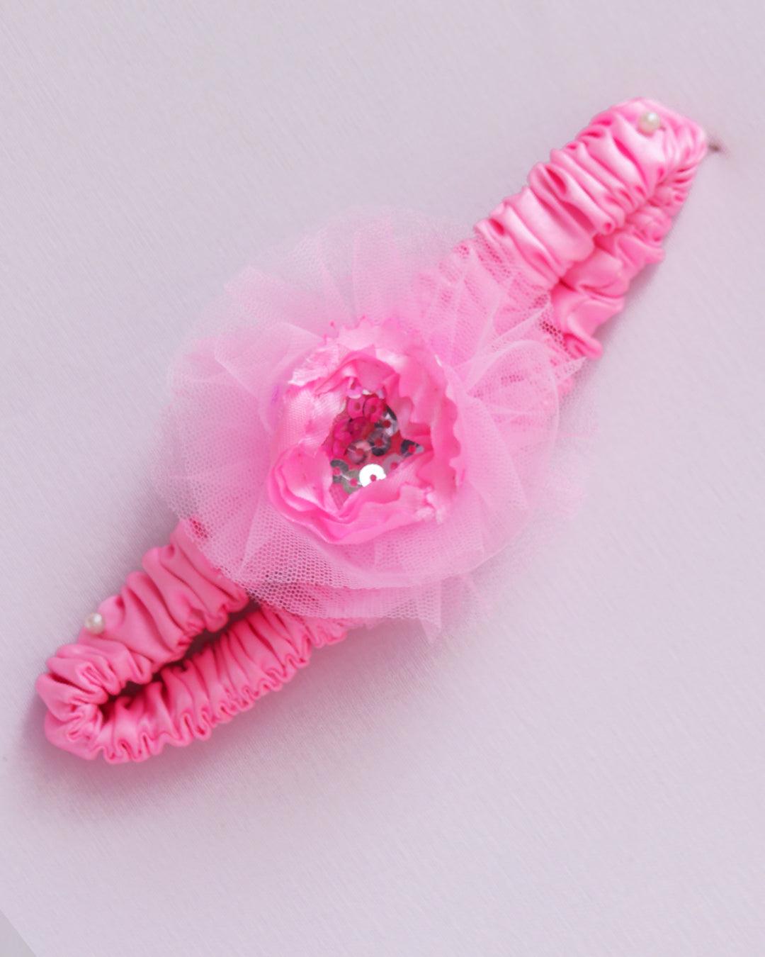 Baby Pink Shade Flower Emboss Ruffles Partywear Bow Frock