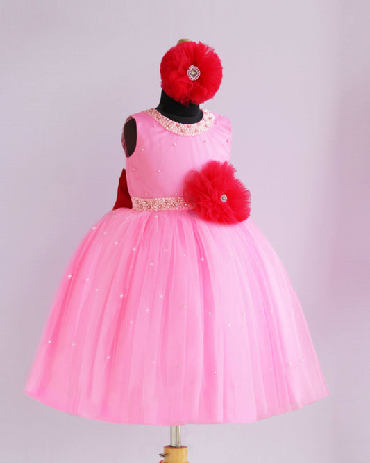 Baby pink rani pink beads yoke birthday frock front view – Stanwells Kids