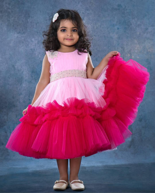 Baby pink rani pink beaded yoke birthday frock – Stanwells Kids