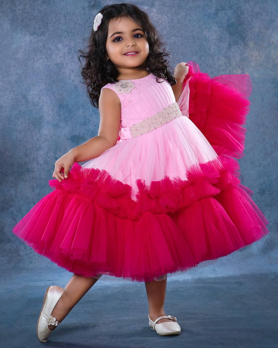 Baby Pink & Rany Pink combo Handwork Ruffles Frock - Matching hair cli