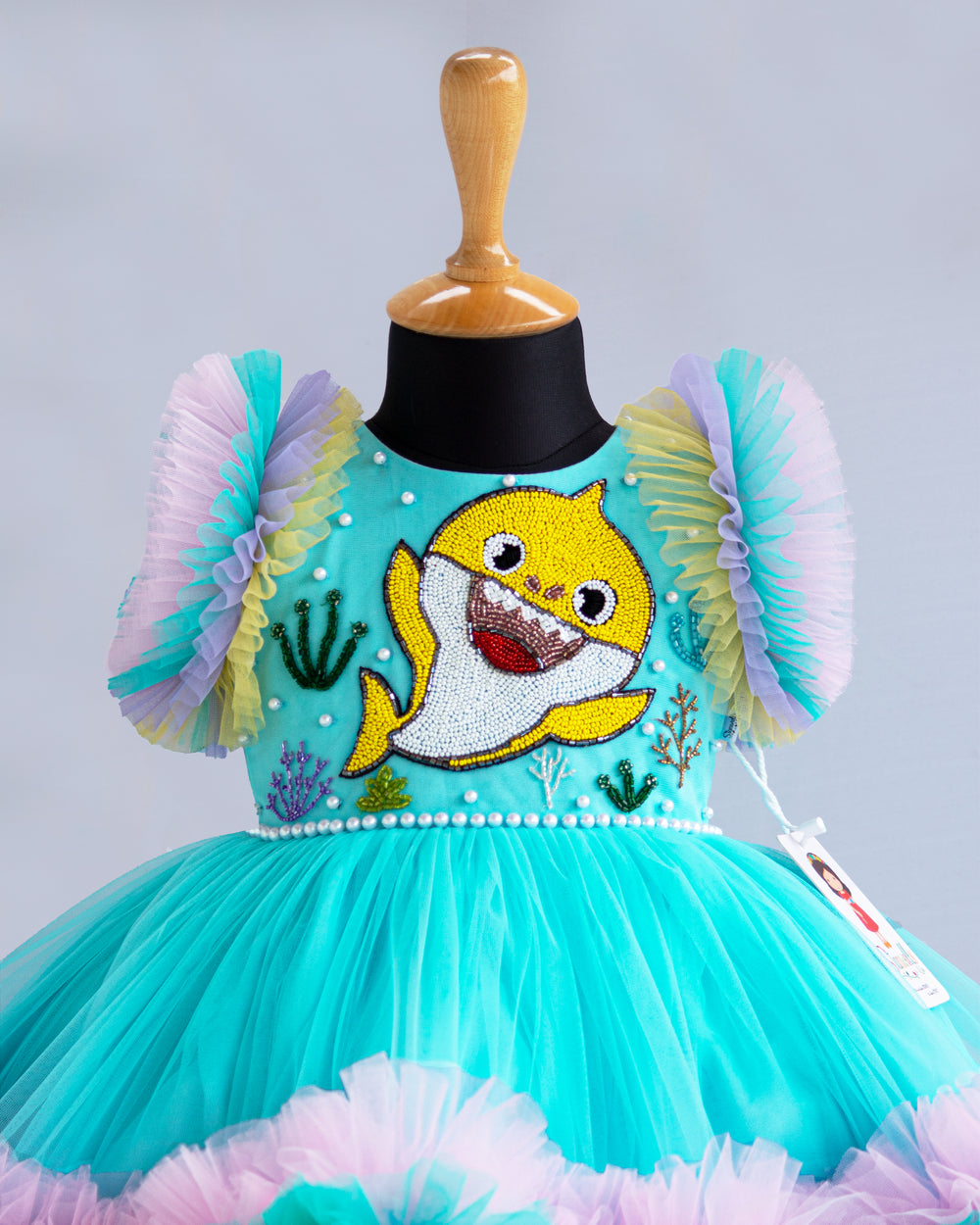 baby shark, designer frock for baby girls, kids clothing, partywear collections baby, 1 year birthday, handwork frocks, multi colour layer frock india