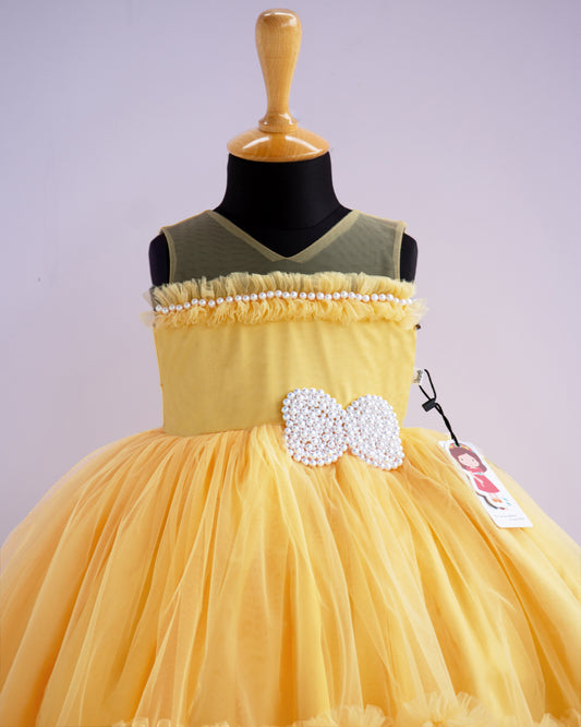 Baby yellow butterfly bead applique birthday frock front view – Stanwells Kids