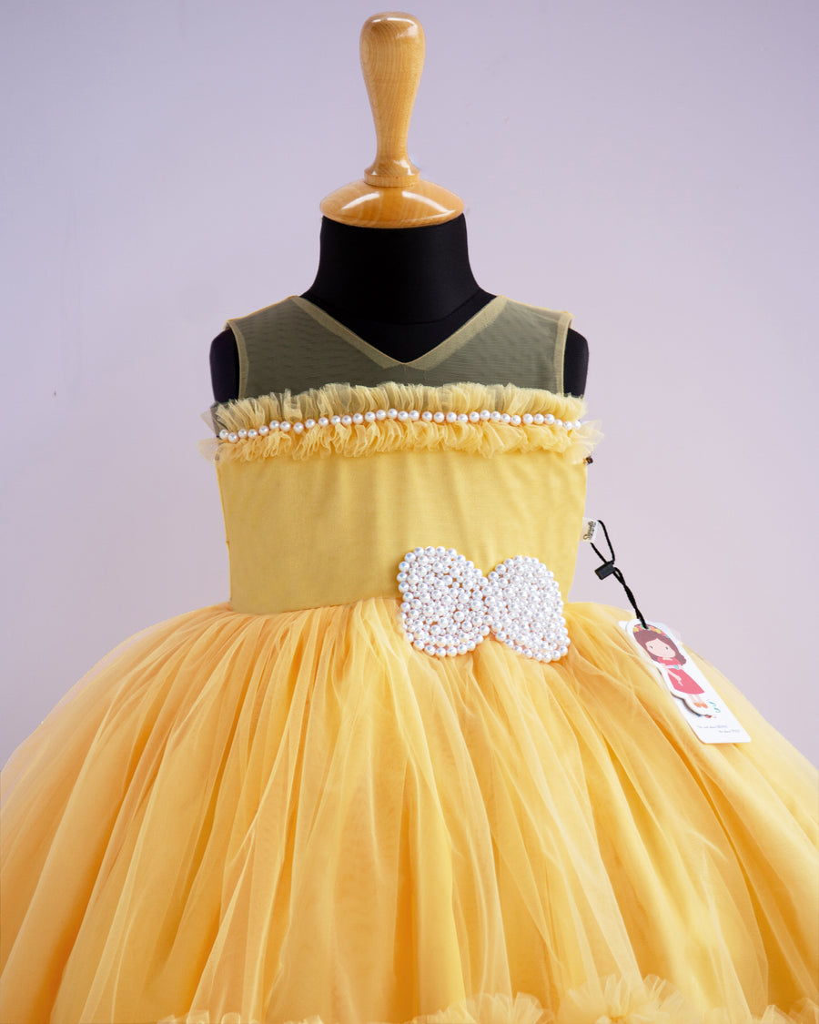 Babyhug Puffed Sleeves Fit And Flare Party Wear  Frock  With Froral Applique- Yellow