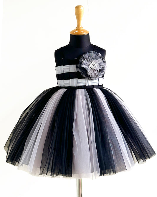 Black Grey Baby Girls Birthday Dress - Layered Partywear Flower Frock