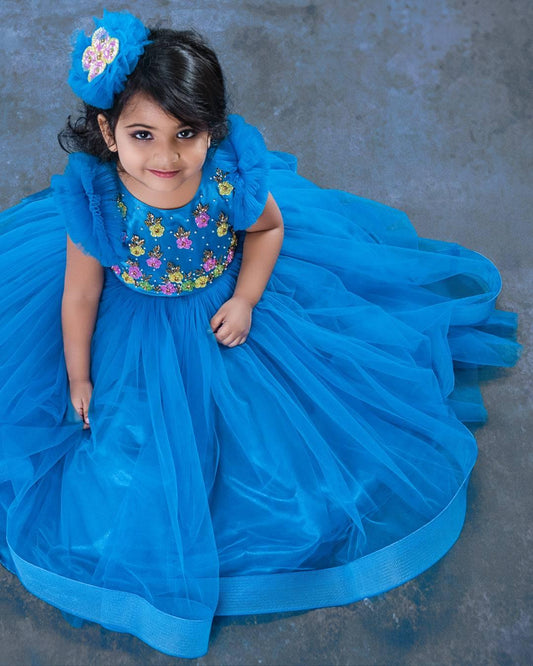 Dark blue heavy handwork gown front view – Stanwells Kids