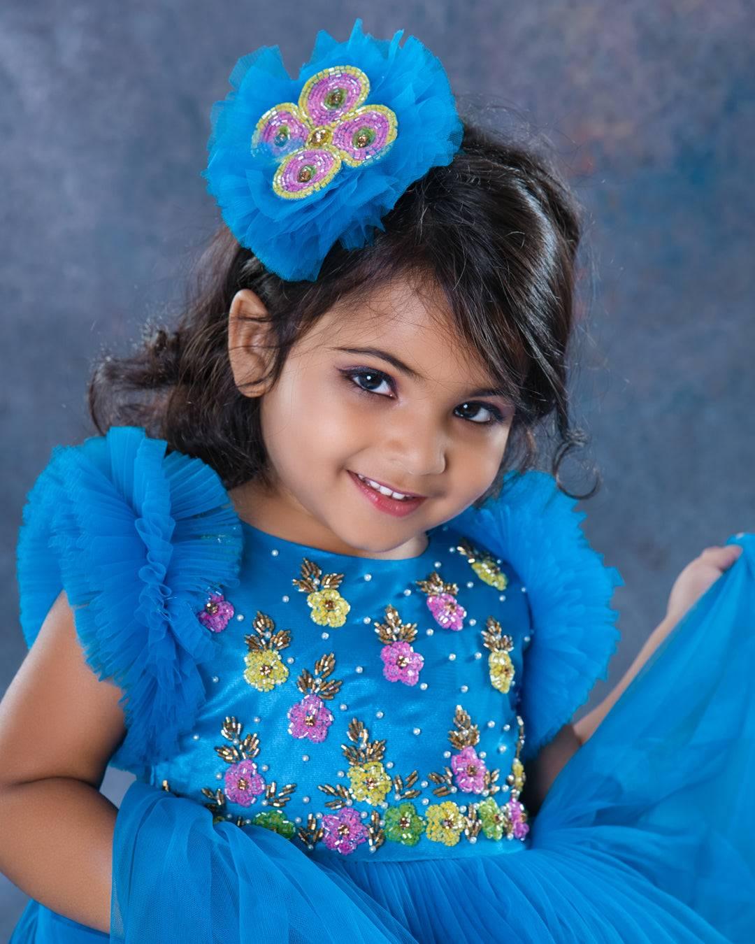 Dark blue heavy handwork baby girls full gown - Main Image