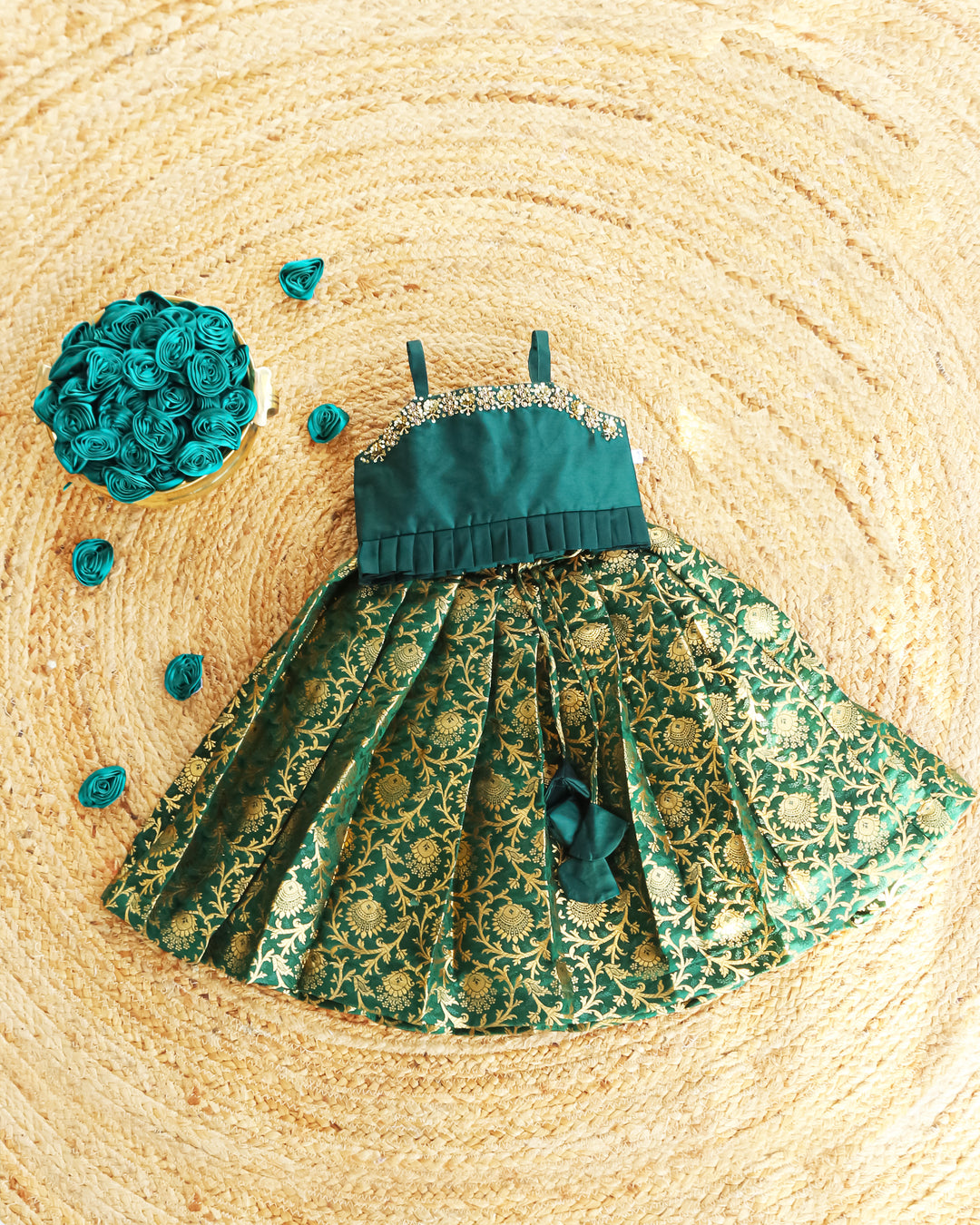 Bottle green lehenga choli for girls, Banarasi silk birthday dress, festive ethnic wear, kids traditional outfit