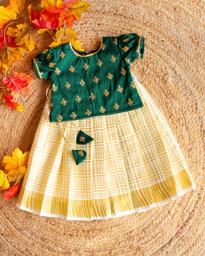 bottle green cream kasavu lehenga for baby girls, Kerala festive kids dress, baby girl birthday lehenga, traditional outfit for toddlers, kasavu partywear dress