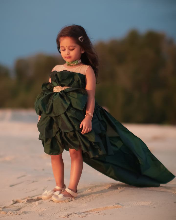Bottle green silk extended tail baby girls birthday dress, designer partywear frock for kids, premium handwork dress, Stanwells Kids