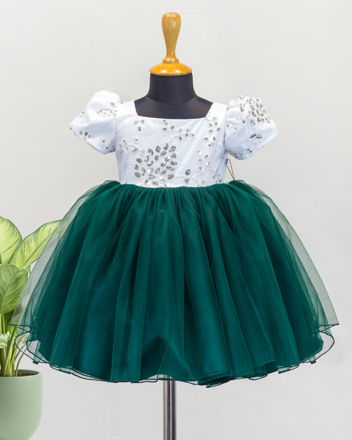 bottle green and white Christmas frock for baby girls, festive birthday dress, designer kids partywear dress, toddler Christmas outfit, Stanwells Kids