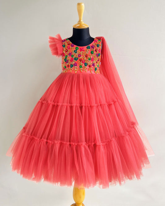 Bricks shade heavy handwork saree style birthday gown for baby girl – Stanwells Kids