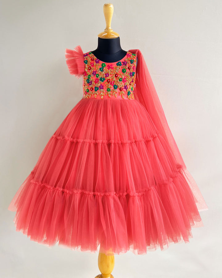 Bricks Shade Ruffled Saree Gown with Heavy Handwork – Partywear for Girls by Stanwells Kids

