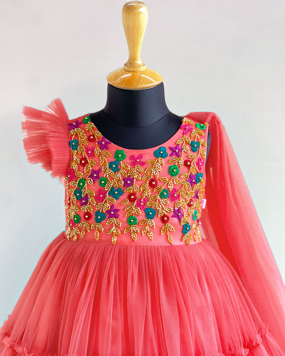 Bricks Shade Ruffled Saree Gown with Heavy Handwork – Partywear for Girls by Stanwells Kids