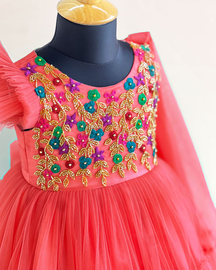 Bricks Shade Ruffled Saree Gown with Heavy Handwork – Partywear for Girls by Stanwells Kids