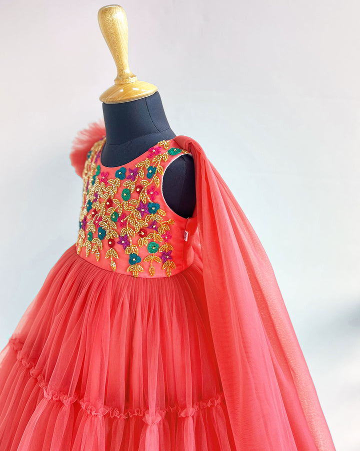 Bricks Shade Ruffled Saree Gown with Heavy Handwork – Partywear for Girls by Stanwells Kids