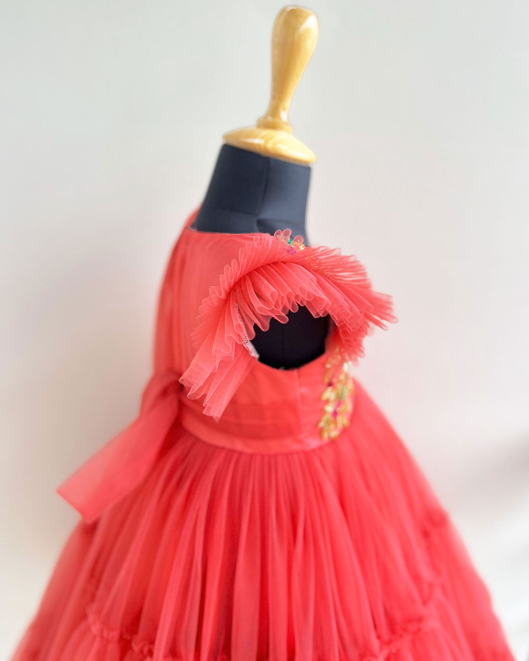 Bricks Shade Ruffled Saree Gown with Heavy Handwork – Partywear for Girls by Stanwells Kids