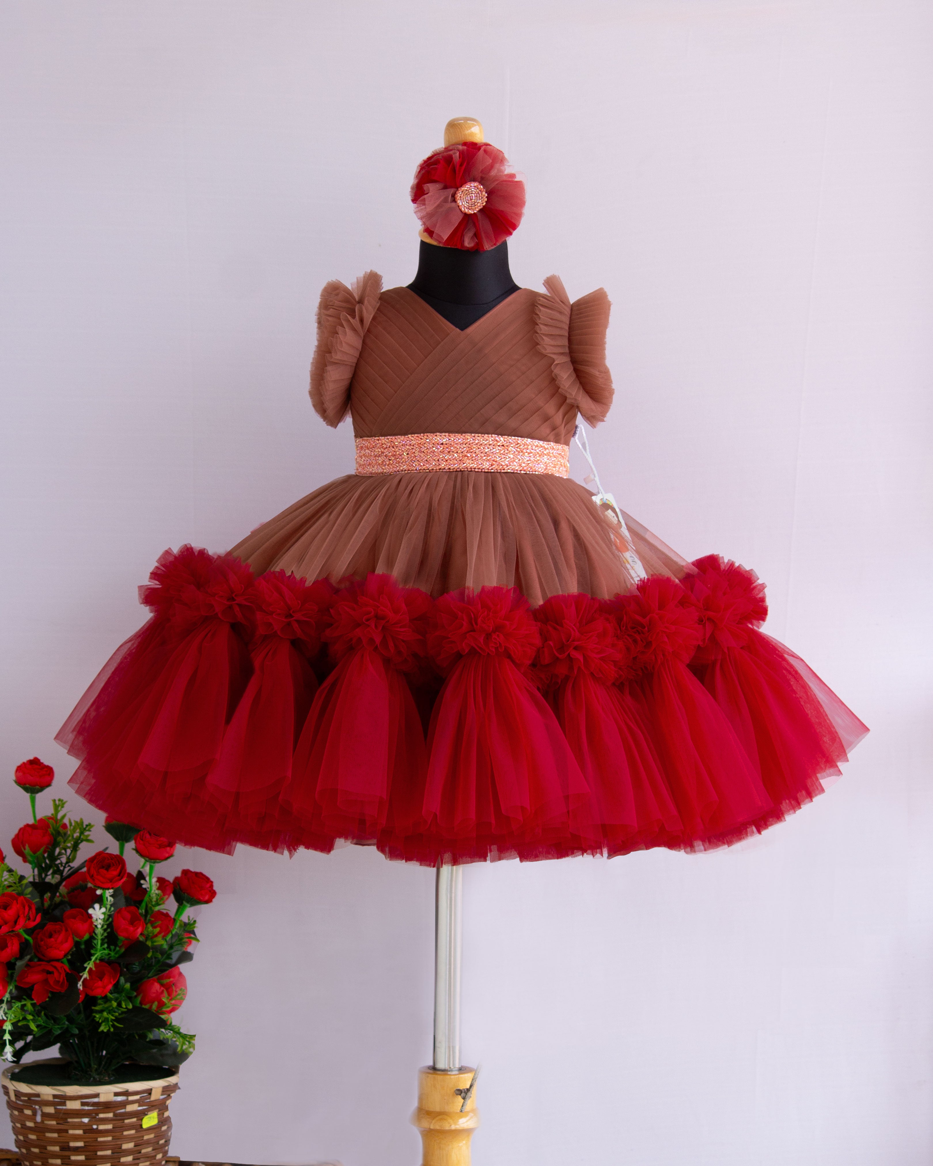 Light Chocolate & Meroon Combo Baby Girls Handwork Birthday Partywear ...