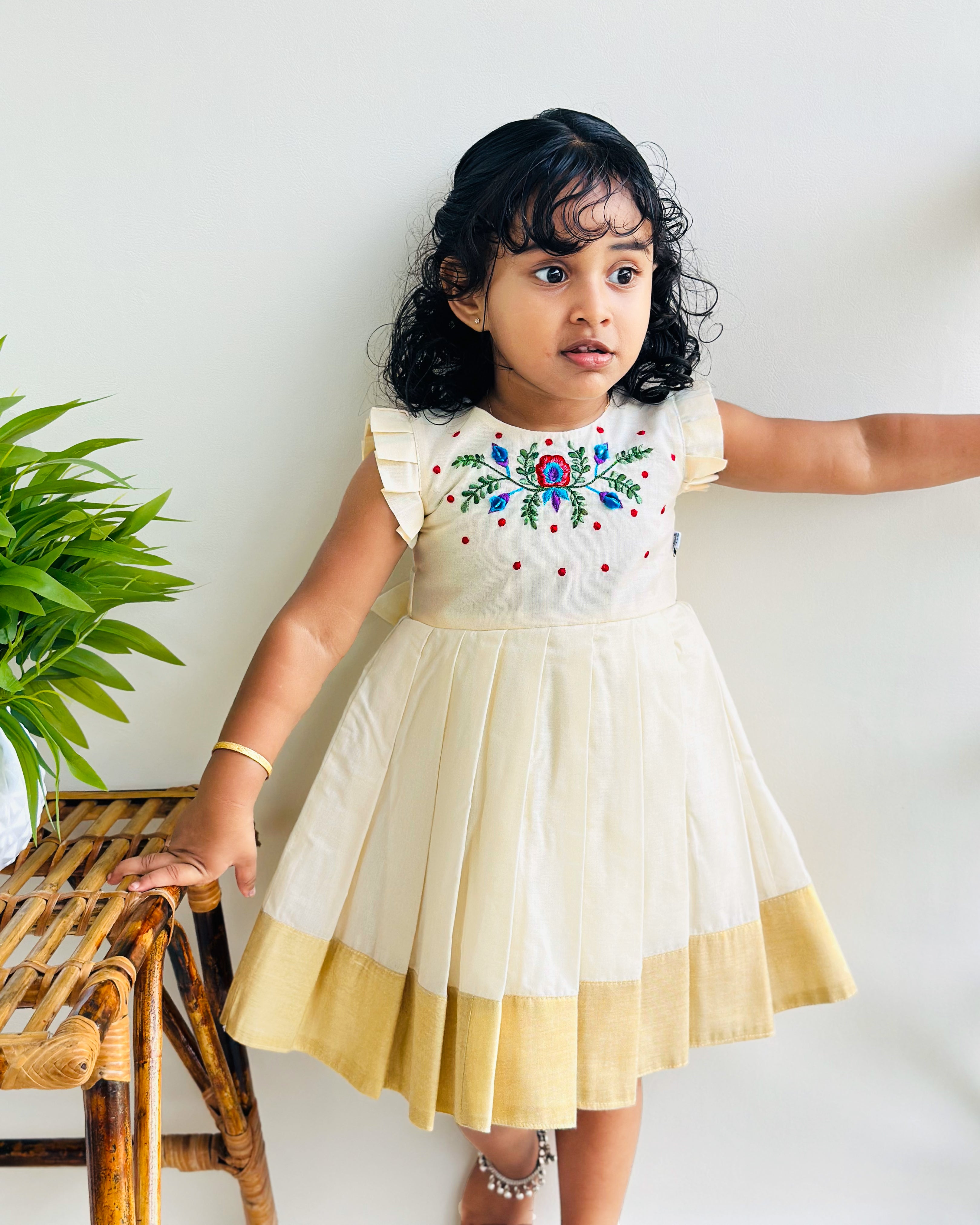 Cream Golden Shade Onam Special Traditional Hand Work Kerala Frock Stanwells Kids