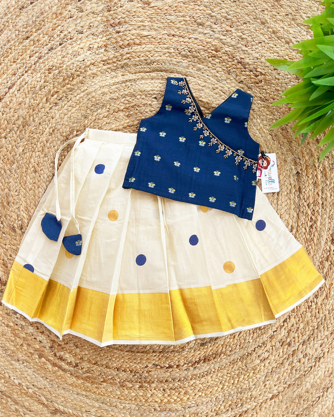 Cream and Blue Kerala Kasavu Lehenga Choli – Traditional Handwork Ethnic Wear by Stanwells Kids

