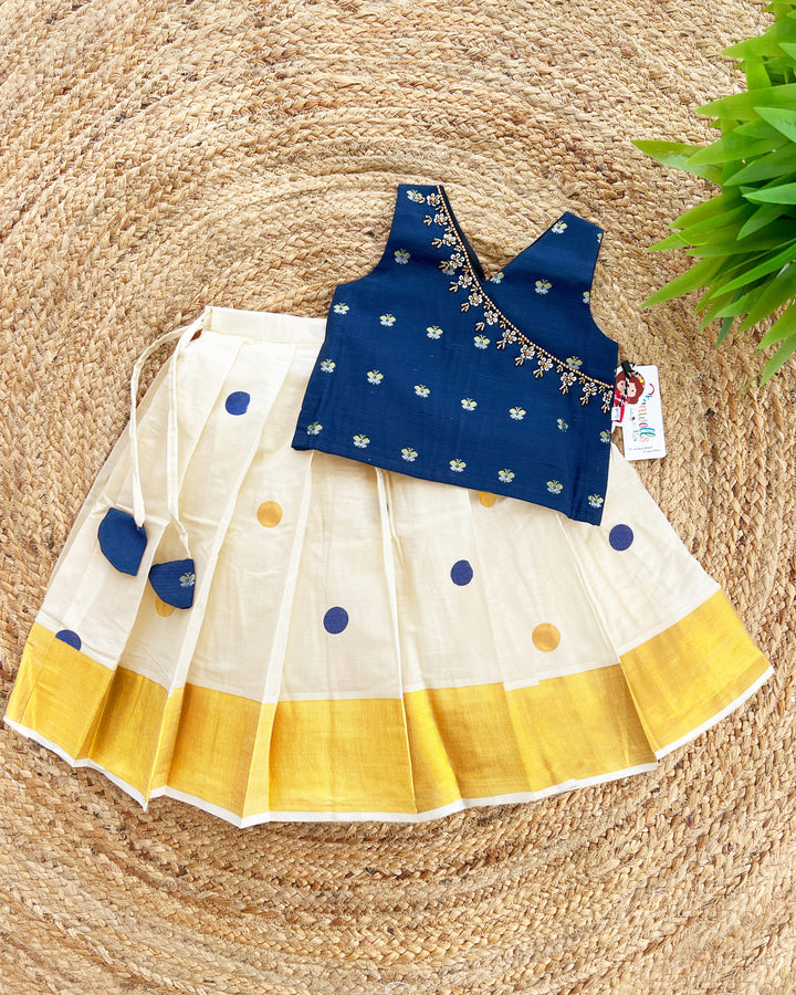 Cream and Blue Kerala Kasavu Lehenga Choli – Traditional Handwork Ethnic Wear by Stanwells Kids

