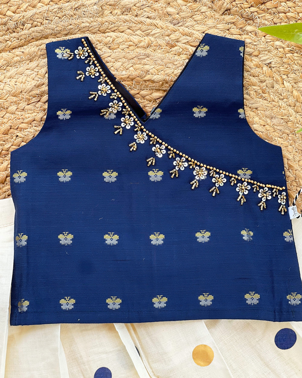 Cream and Blue Kerala Kasavu Lehenga Choli – Traditional Handwork Ethnic Wear by Stanwells Kids