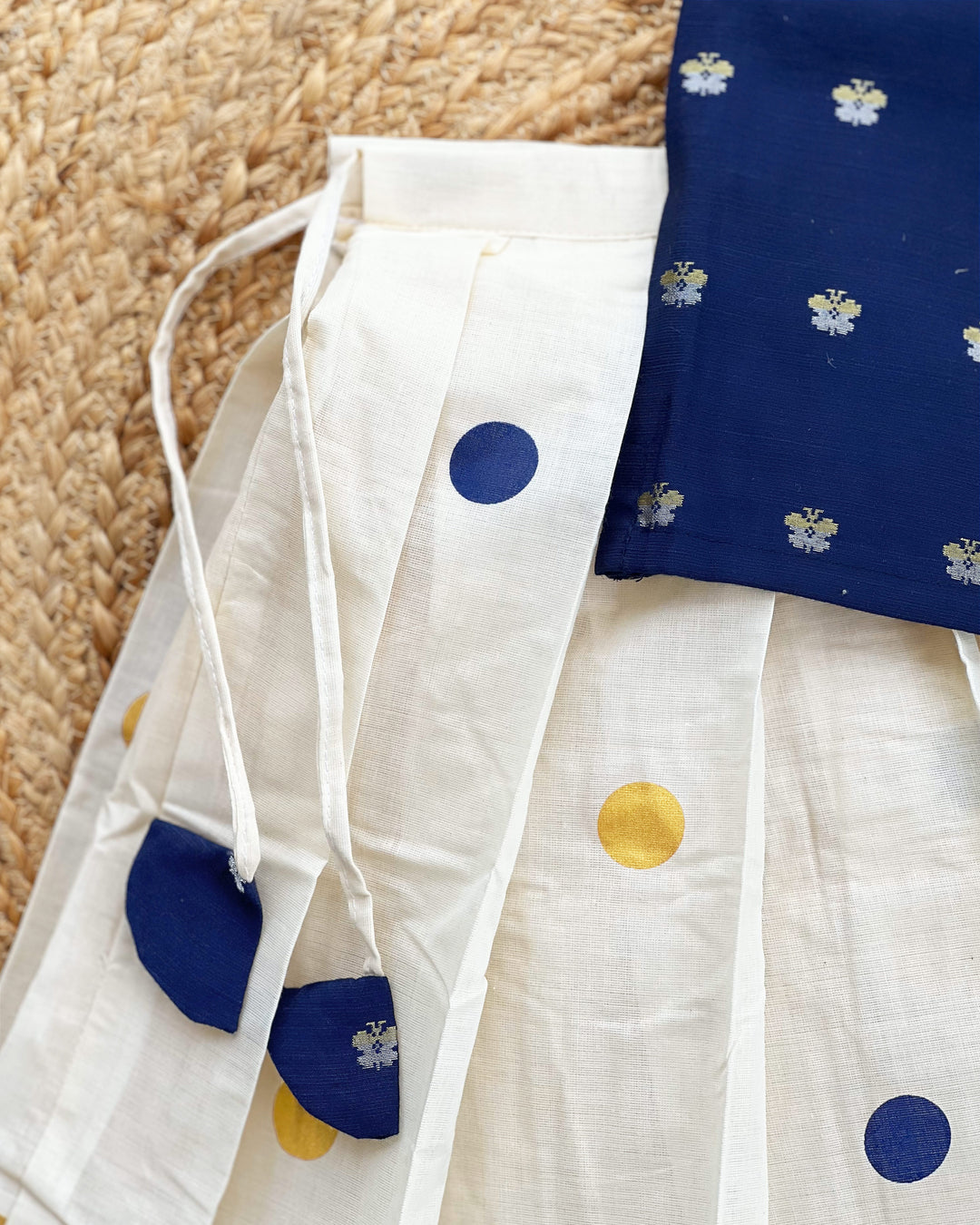 Cream and Blue Kerala Kasavu Lehenga Choli – Traditional Handwork Ethnic Wear by Stanwells Kids