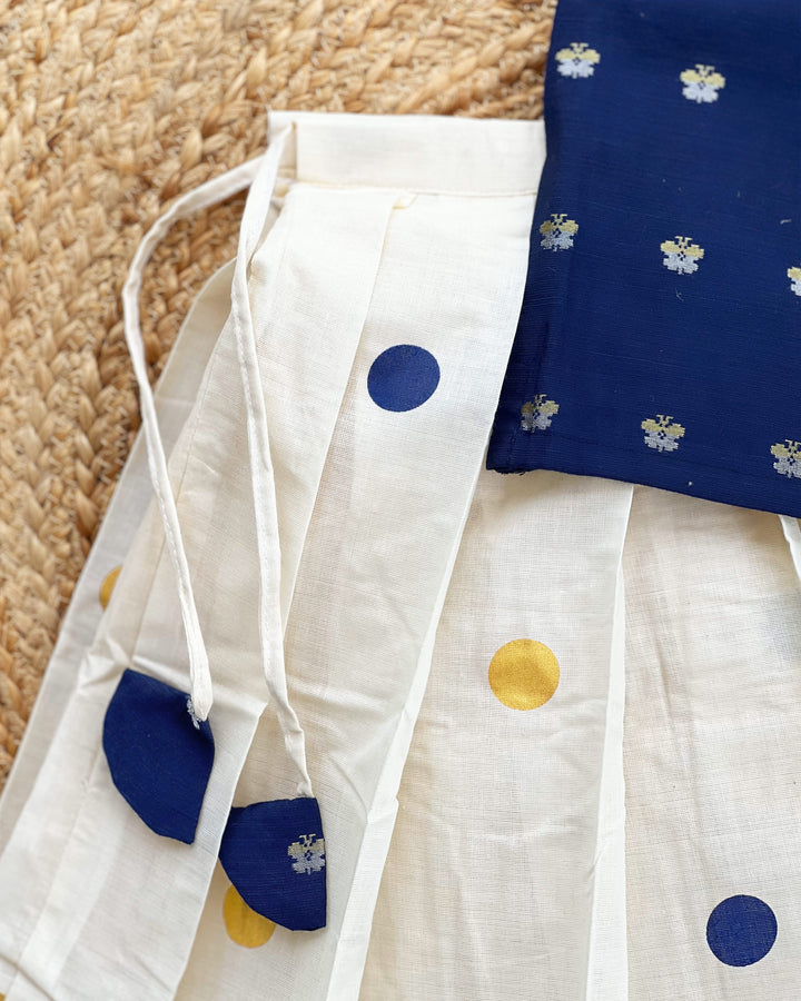 Cream and Blue Kerala Kasavu Lehenga Choli – Traditional Handwork Ethnic Wear by Stanwells Kids