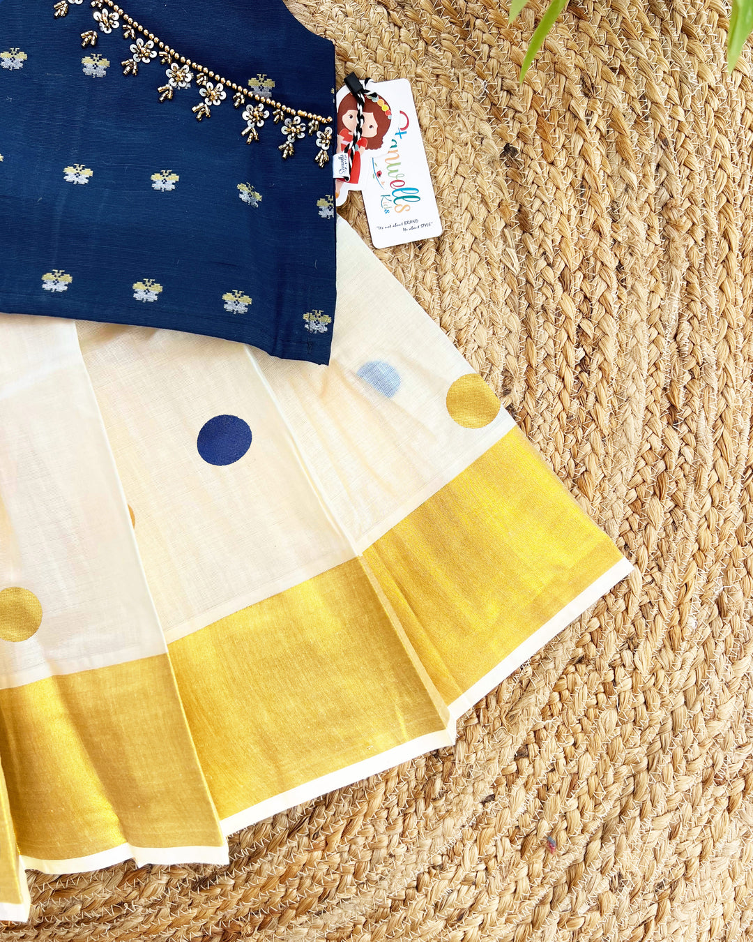 Cream and Blue Kerala Kasavu Lehenga Choli – Traditional Handwork Ethnic Wear by Stanwells Kids