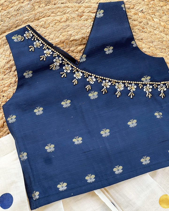 Cream and Blue Kerala Kasavu Lehenga Choli – Traditional Handwork Ethnic Wear by Stanwells Kids