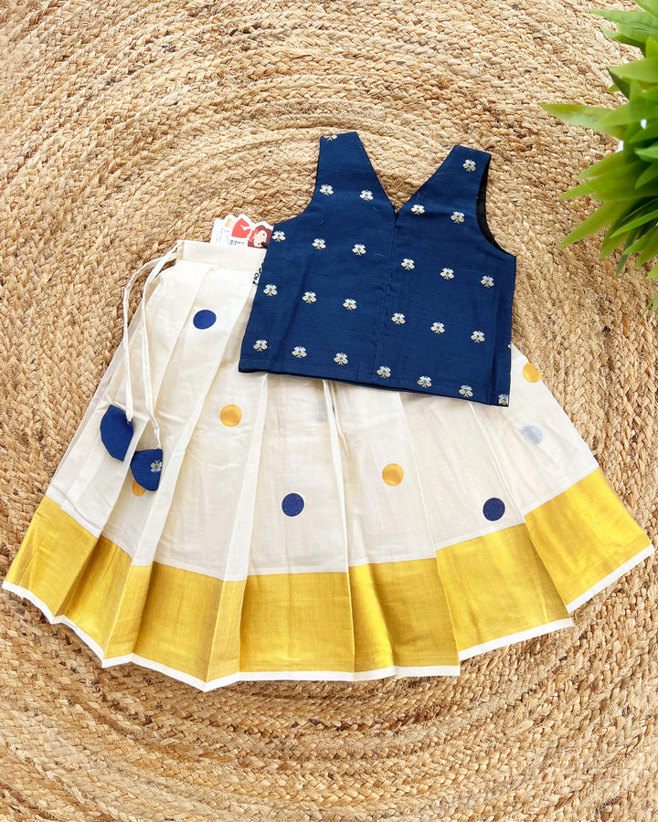 Cream and Blue Kerala Kasavu Lehenga Choli – Traditional Handwork Ethnic Wear by Stanwells Kids