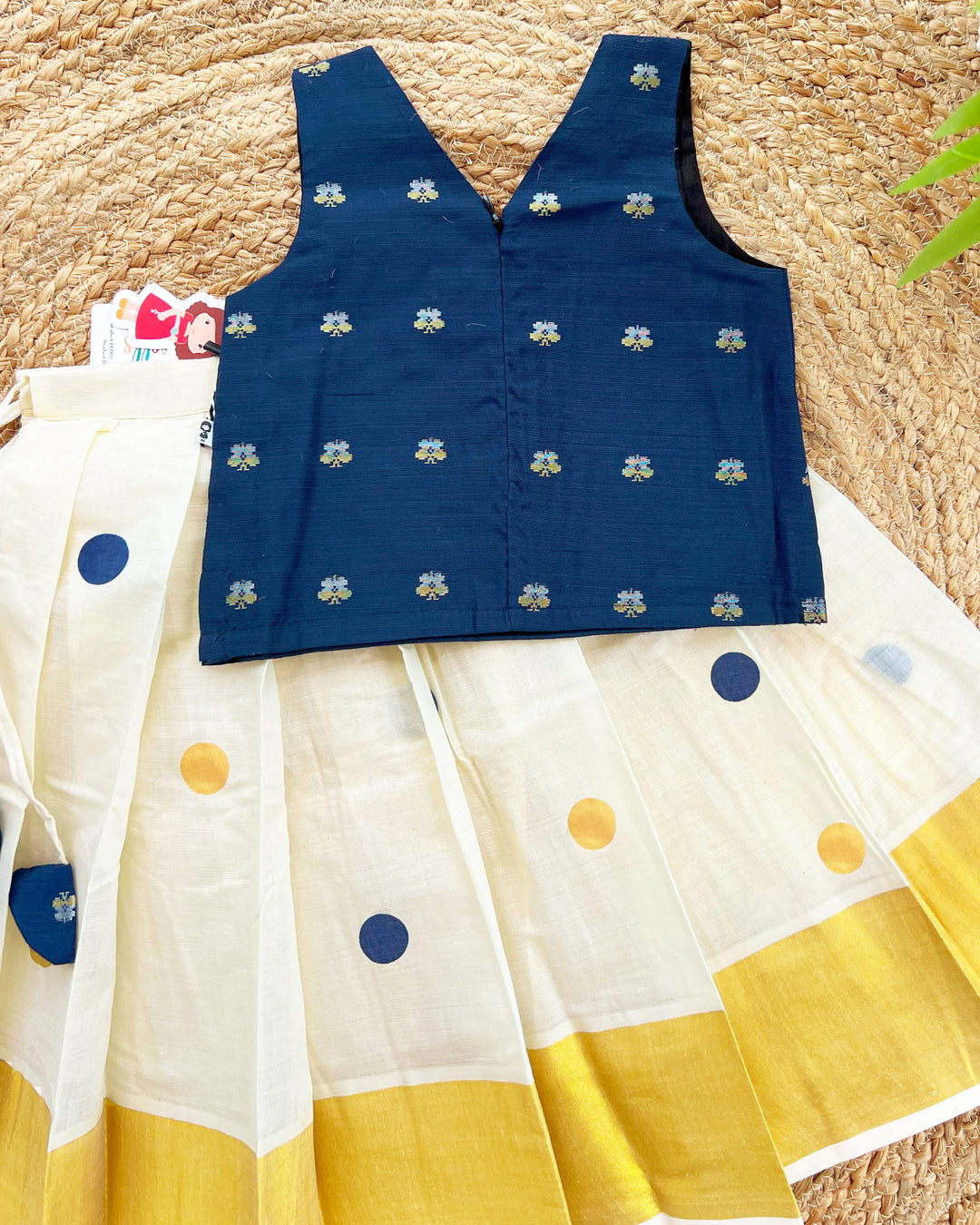 Cream and Blue Kerala Kasavu Lehenga Choli – Traditional Handwork Ethnic Wear by Stanwells Kids