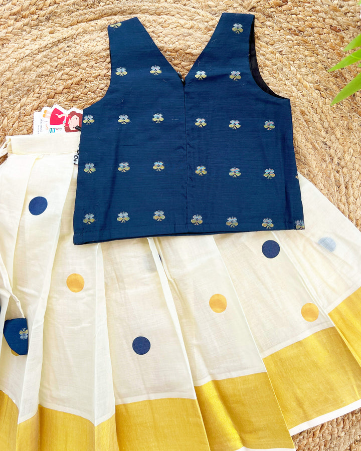 Cream and Blue Kerala Kasavu Lehenga Choli – Traditional Handwork Ethnic Wear by Stanwells Kids