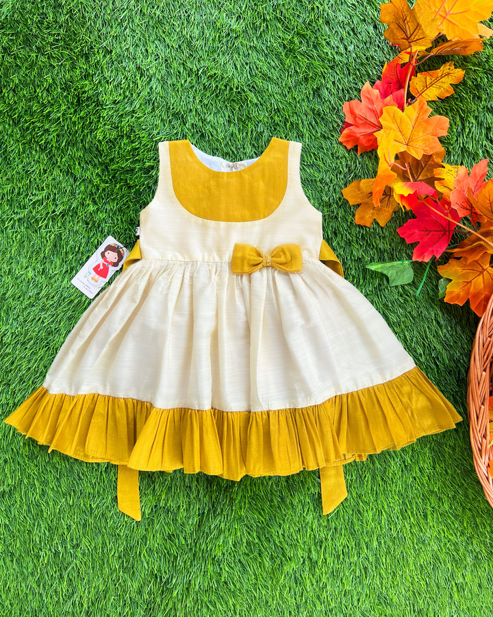 Cream gold Kerala traditional ruffle bow frock – baby girls birthday dress