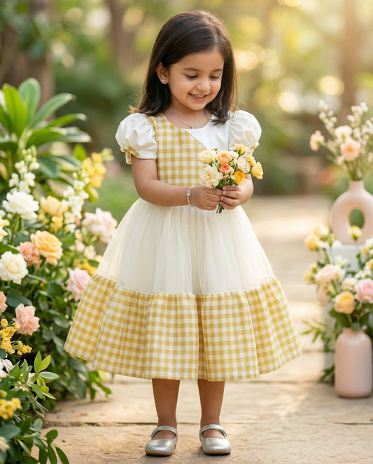 Cream gold check Kerala tissue silk frock for baby girl – Stanwells Kids