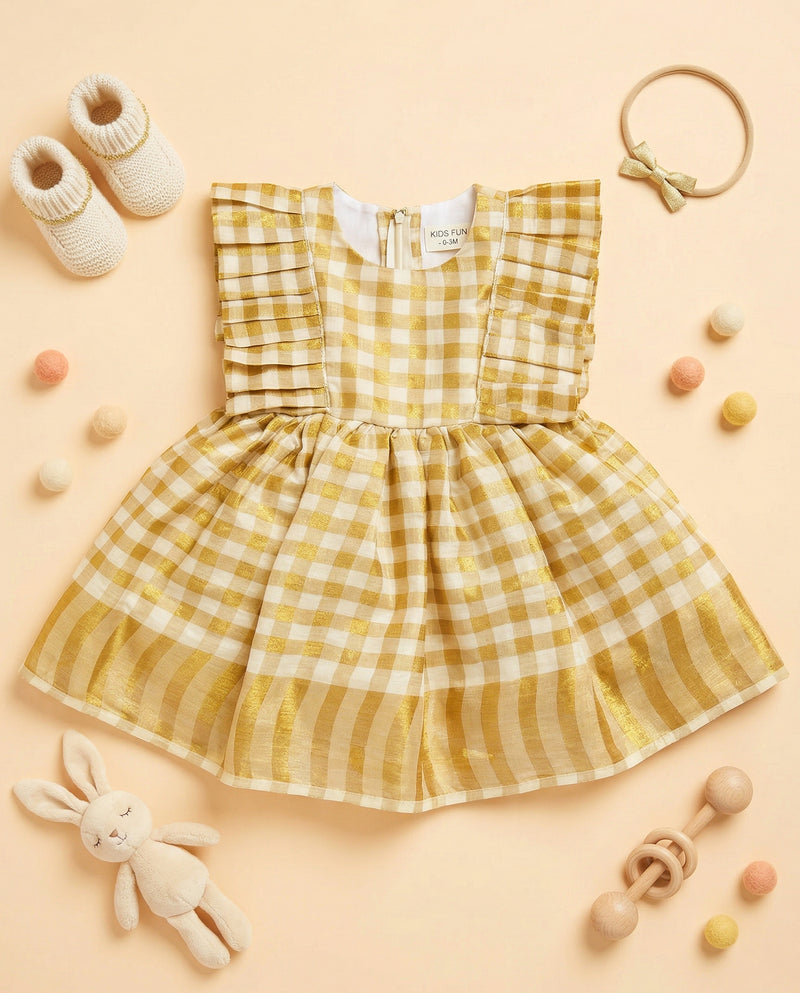 Cream & Gold Kerala Traditional Check Frill Frock