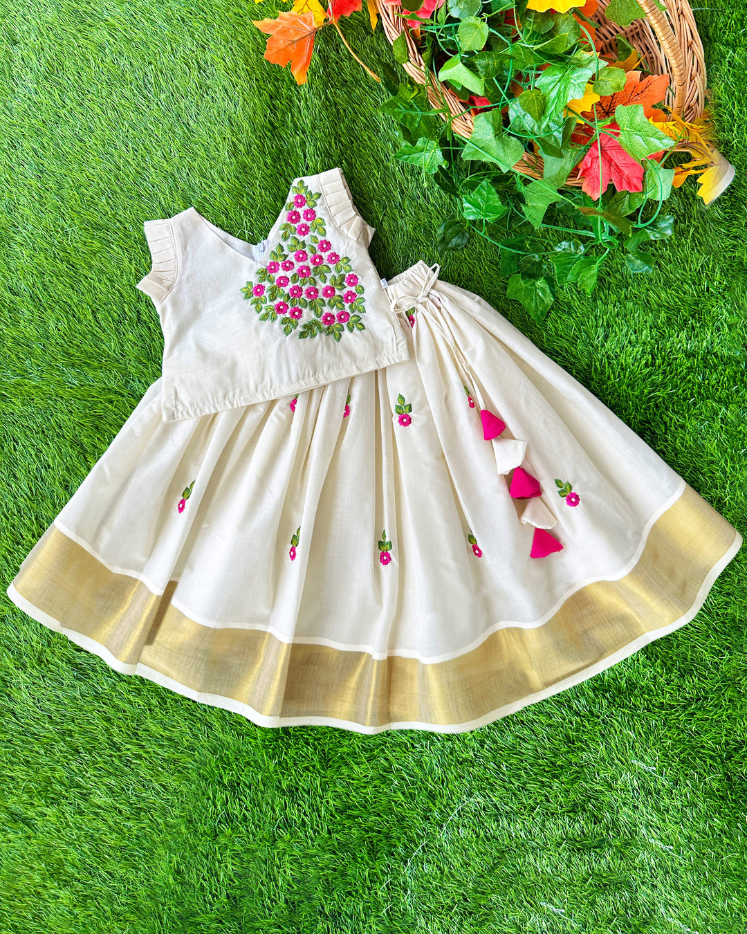 Baby girls birthday dress in cream and gold Kerala Kasavu lehenga choli
