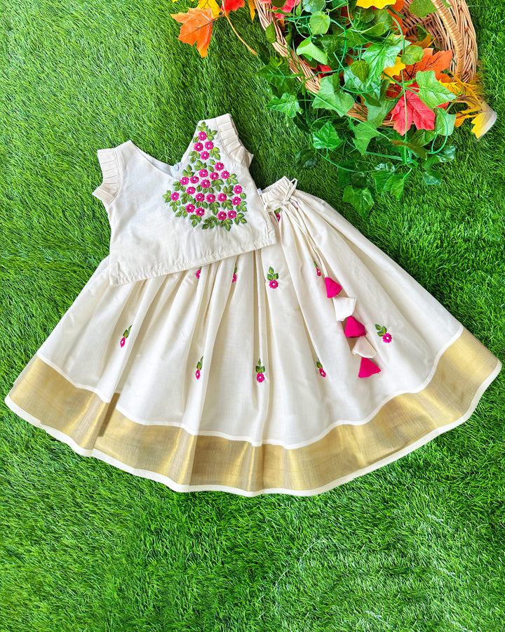 Baby girls birthday dress in cream and gold Kerala Kasavu lehenga choli