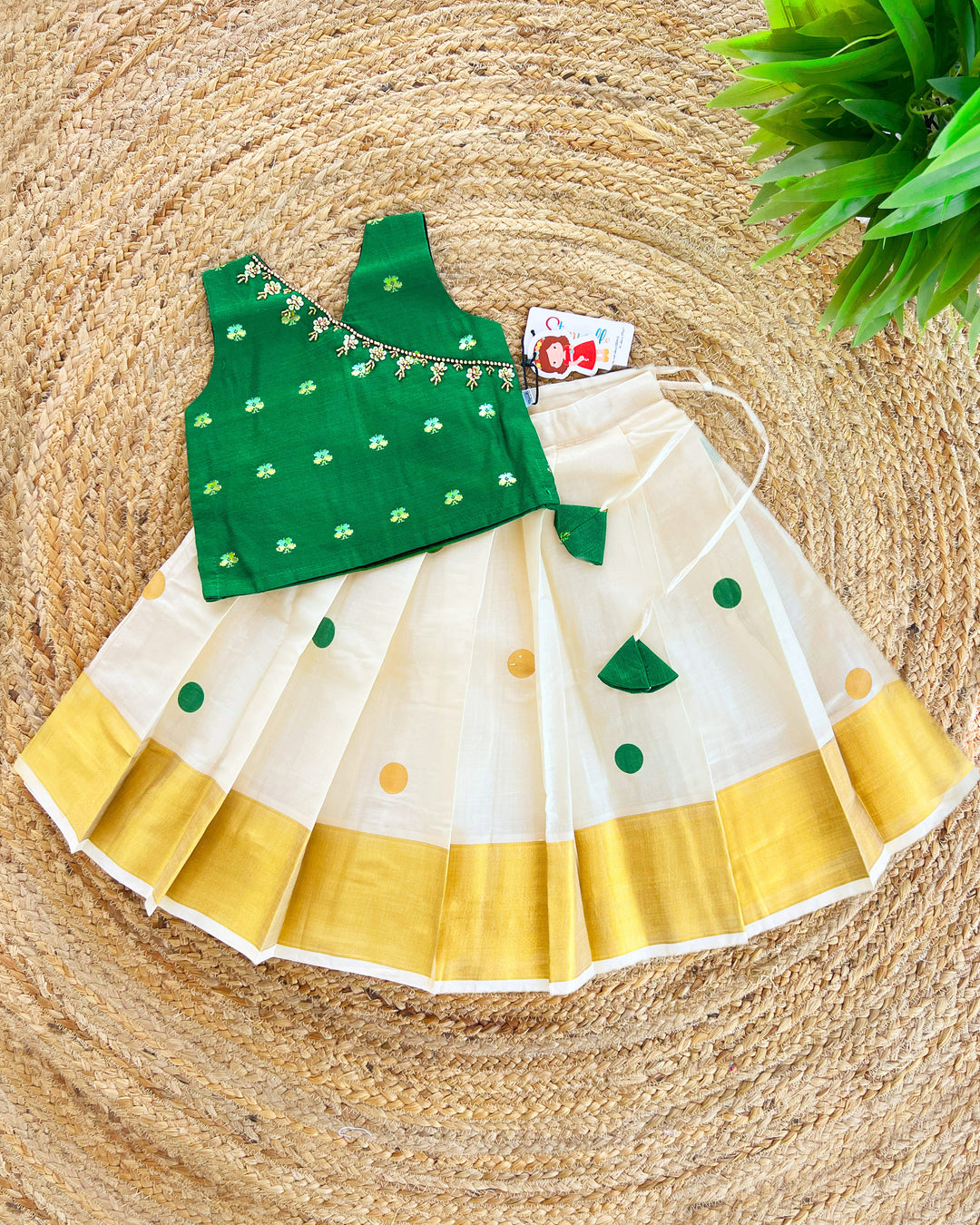 Cream Green Kerala Kasavu Lehenga Choli for Girls – Traditional Handwork Ethnic Wear by Stanwells Kids