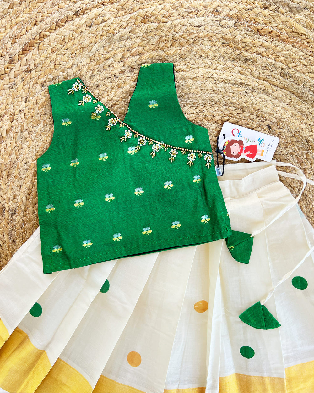 Cream Green Kerala Kasavu Lehenga Choli for Girls – Traditional Handwork Ethnic Wear by Stanwells Kids