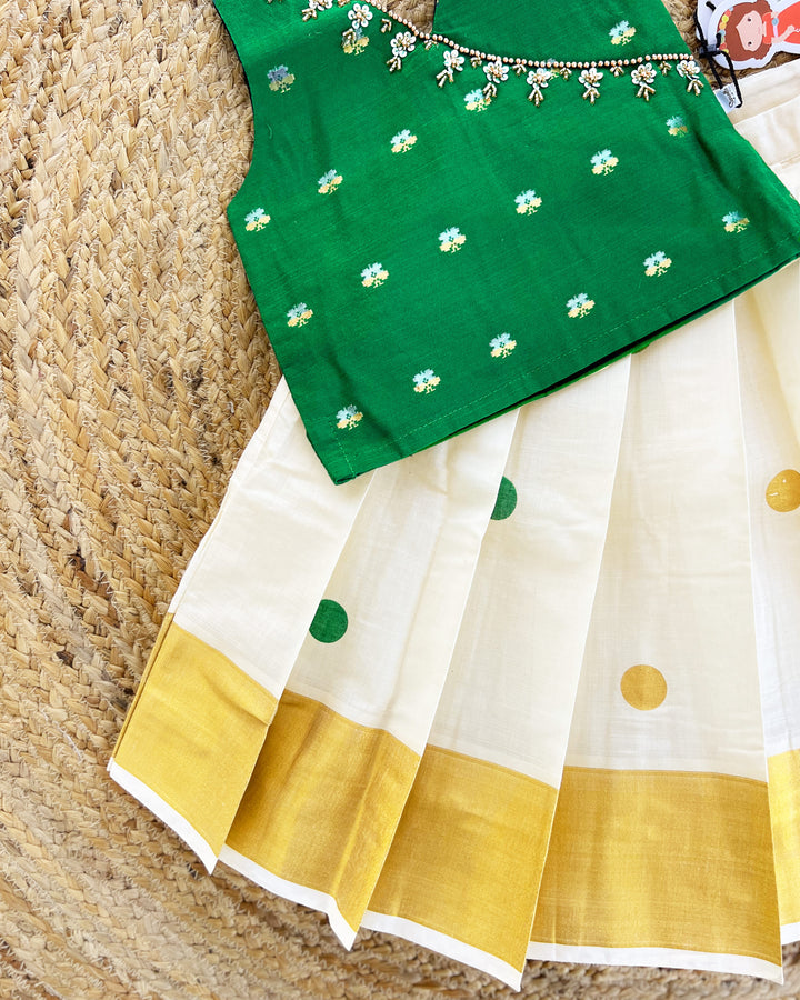 Cream Green Kerala Kasavu Lehenga Choli for Girls – Traditional Handwork Ethnic Wear by Stanwells Kids